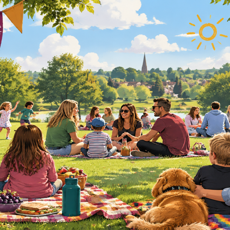 Foster carers, children and families enjoying a community picnic together at an outdoor family event.